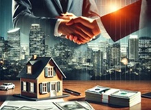 O ilustrație profesională și modernă reprezentând asigurarea finanțării pentru o companie imobiliară